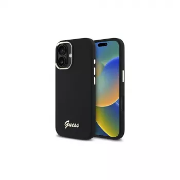 Guess GUHCP16SSMBSLK iPhone 16 6,1 inch funda de silicona negra con logo metálico Script y marco