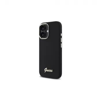Guess GUHCP16SSMBSLK iPhone 16 6,1 inch funda de silicona negra con logo metálico Script y marco