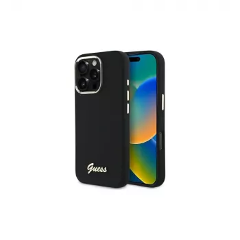Guess GUHCP16LSMBSLK iPhone 16 Pro 6,3 inch negra funda rígida Silicon Script Metal Logo & Frame