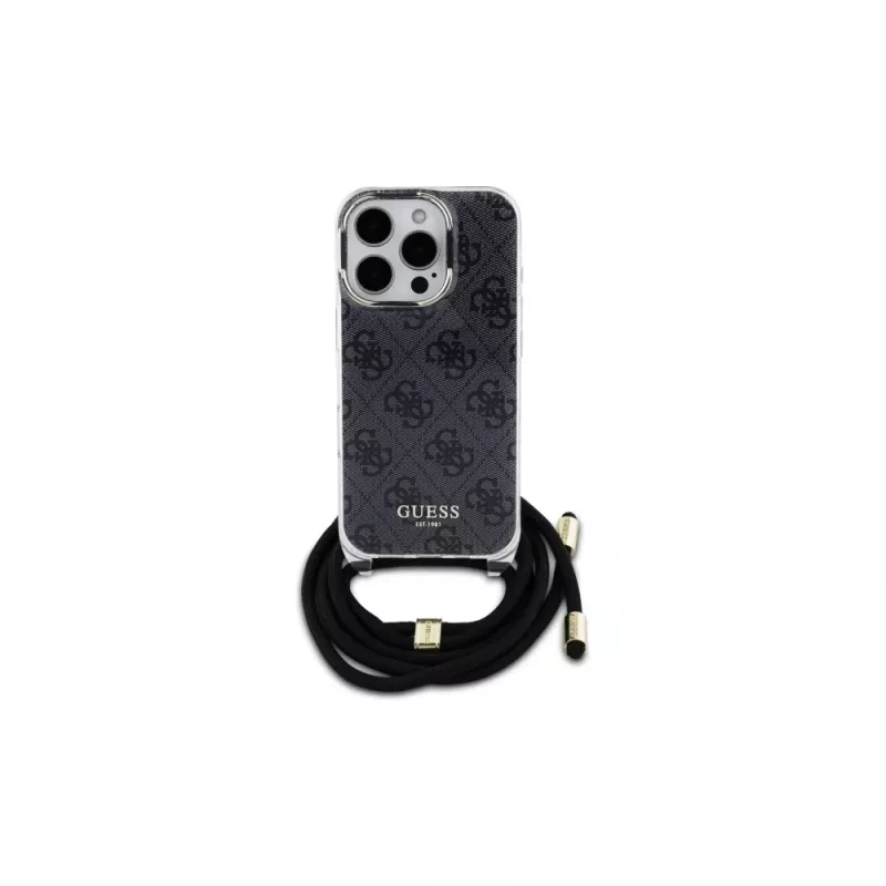Guess GUHCP16LHC4SEK funda rígida con cordón crossbody 4G Print para iPhone 16 Pro negra