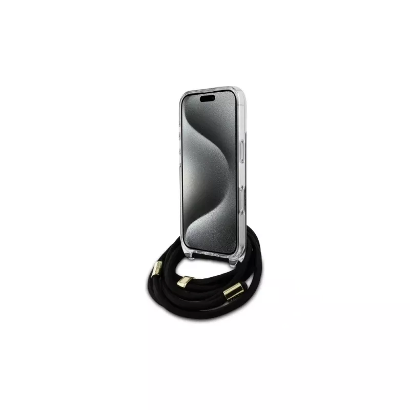 Guess GUHCP16LHC4SEK funda rígida con cordón crossbody 4G Print para iPhone 16 Pro negra