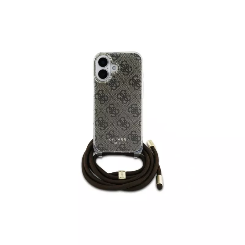 Guess GUHCP16SHC4SEW funda rígida con cordón crossbody 4G Print para iPhone 16 6.1 marrón