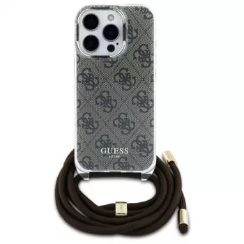 Guess GUHCP16LHC4SEW funda rígida con cordón crossbody 4G Print para iPhone 16 Pro marrón