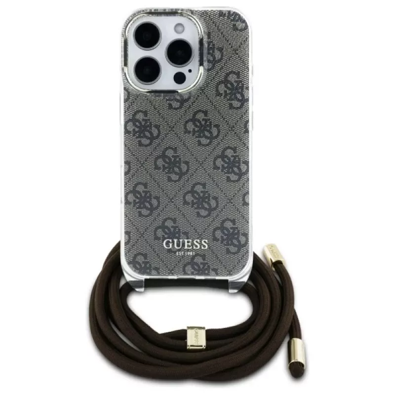 Guess GUHCP16LHC4SEW funda rígida con cordón crossbody 4G Print para iPhone 16 Pro marrón