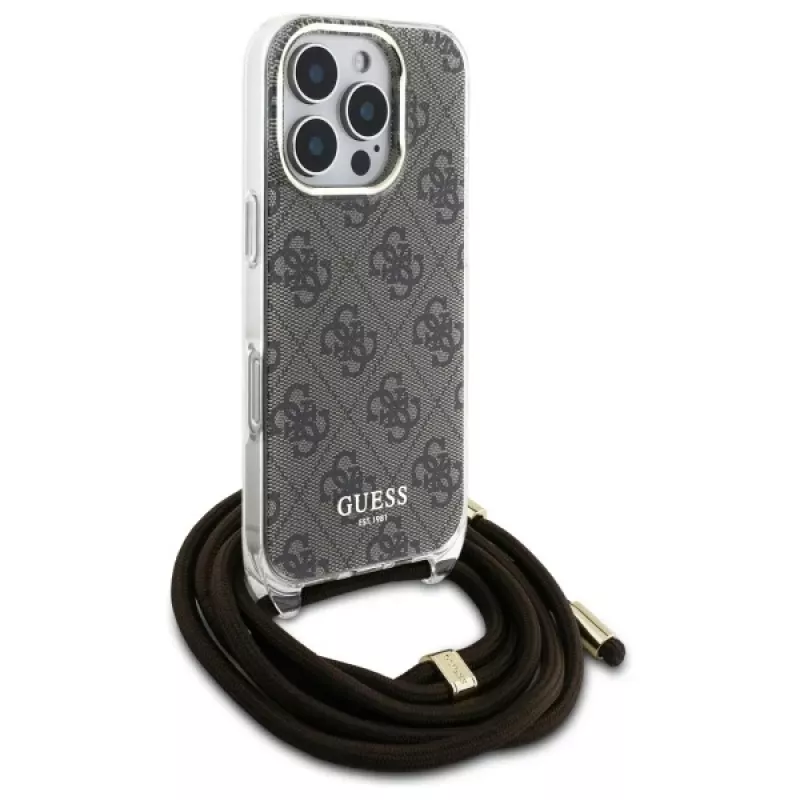 Guess GUHCP16LHC4SEW funda rígida con cordón crossbody 4G Print para iPhone 16 Pro marrón