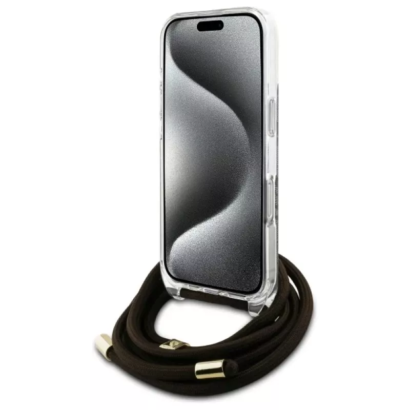 Guess GUHCP16LHC4SEW funda rígida con cordón crossbody 4G Print para iPhone 16 Pro marrón