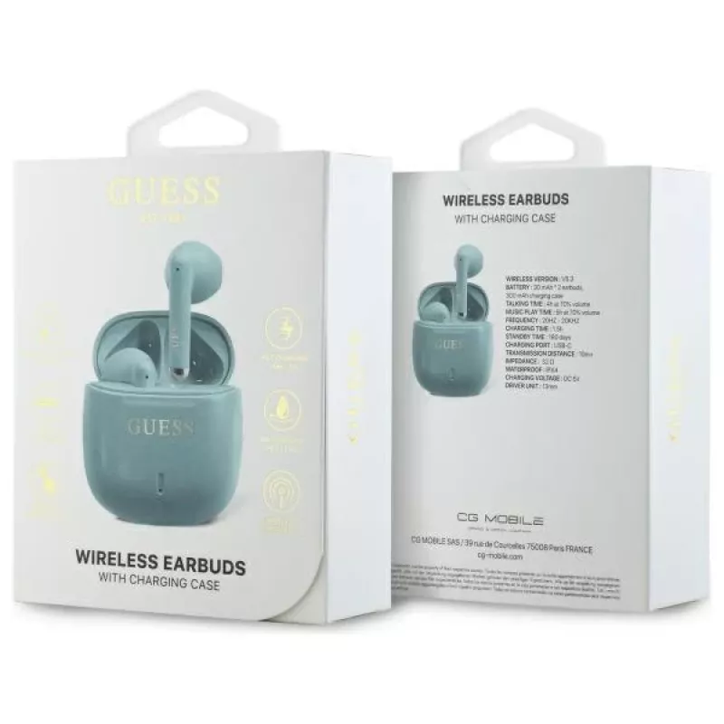 Guess auriculares Bluetooth TWS Printed Classic Logo con estuche de carga (turquesa)