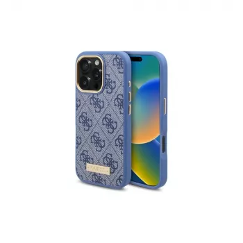 Guess GUHMP16LU4GPRB funda rígida para iPhone 16 Pro 6,3 inch azul 4G Logo Plate MagSafe