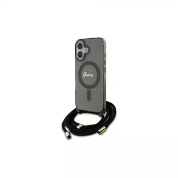 Guess GUHMP16SHCTSGNSK funda rígida para iPhone 16 6,1 inch negra con cordón crossbody y Script Logo, compatible con MagSafe