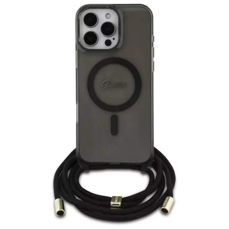 Guess GUHMP16LHCTSGNSK funda rígida Crossbody Cord Script MagSafe para iPhone 16 Pro 6.3 negra