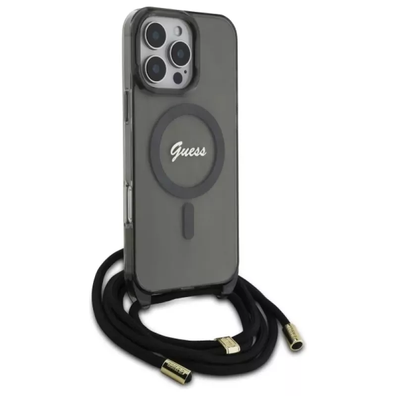 Guess GUHMP16LHCTSGNSK funda rígida Crossbody Cord Script MagSafe para iPhone 16 Pro 6.3 negra
