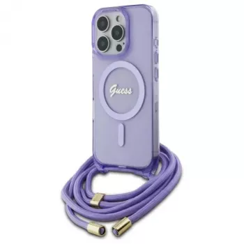 Guess GUHMP16LHCTSGNSU funda rígida para iPhone 16 Pro 6,3 inch morada Crossbody Cord Script MagSafe