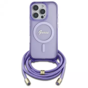 Guess GUHMP16LHCTSGNSU funda rígida para iPhone 16 Pro 6,3 inch morada Crossbody Cord Script MagSafe