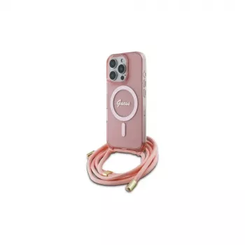 Guess GUHMP16LHCTSGNSP funda rígida para iPhone 16 Pro 6,3 inch rosa Crossbody Cord Script MagSafe