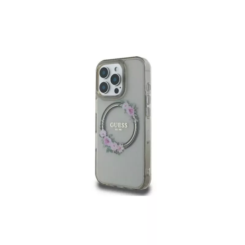 Guess GUHMP16LHFWFCK funda rígida IML Flowers Wreath MagSafe para iPhone 16 Pro negra