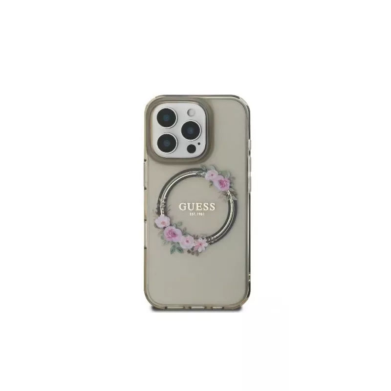 Guess GUHMP16LHFWFCK funda rígida IML Flowers Wreath MagSafe para iPhone 16 Pro negra
