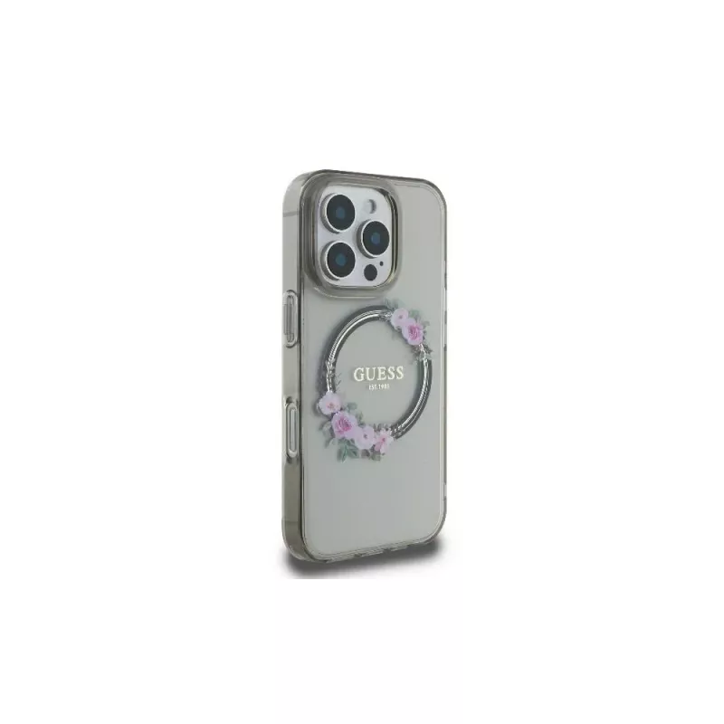 Guess GUHMP16LHFWFCK funda rígida IML Flowers Wreath MagSafe para iPhone 16 Pro negra