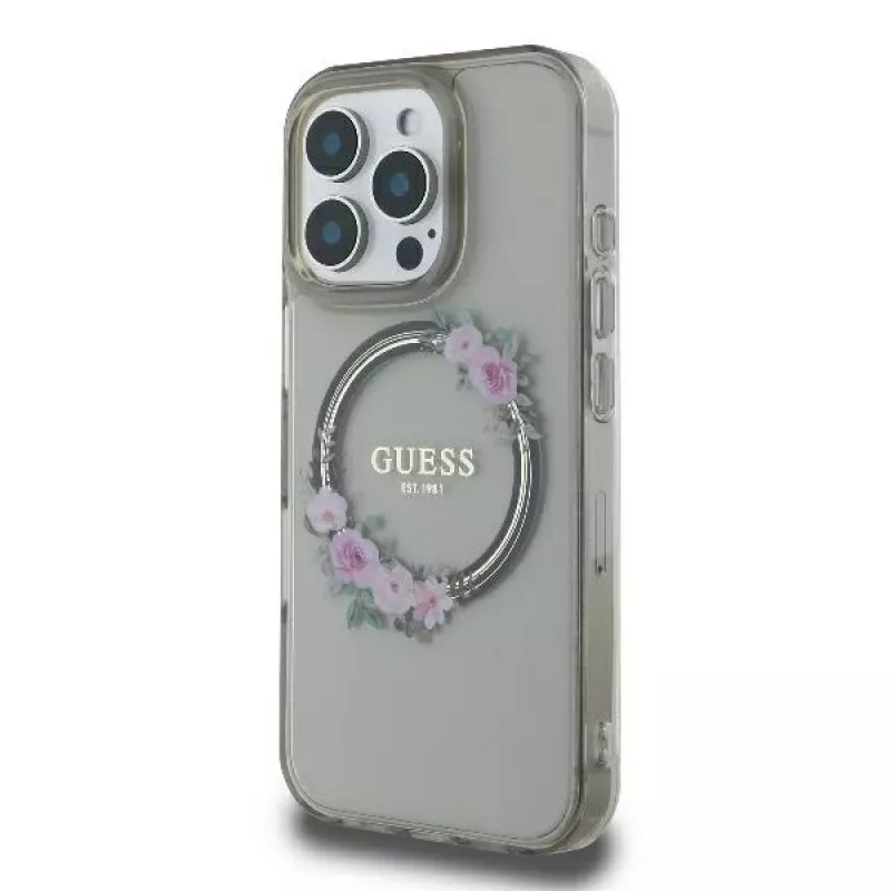Guess GUHMP16XHFWFCK funda rígida IML Flowers Wreath MagSafe para iPhone 16 Pro Max 6.9 negra
