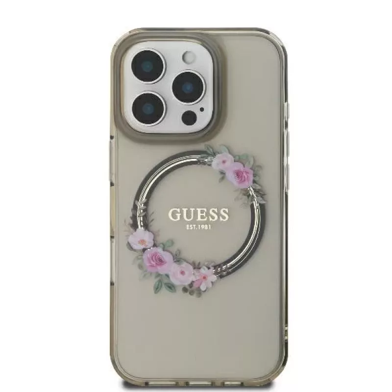 Guess GUHMP16XHFWFCK funda rígida IML Flowers Wreath MagSafe para iPhone 16 Pro Max 6.9 negra