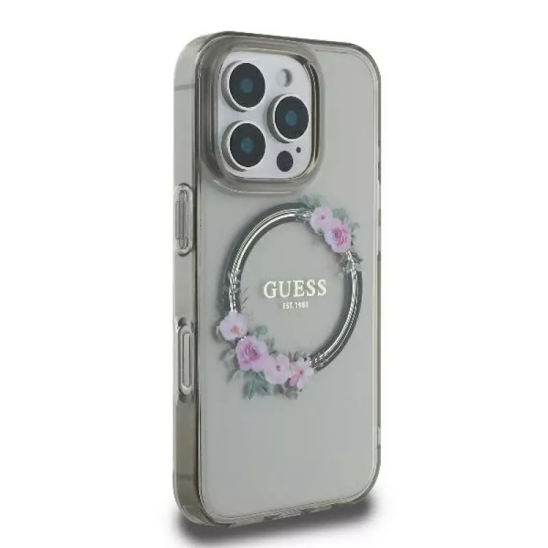 Guess GUHMP16XHFWFCK funda rígida IML Flowers Wreath MagSafe para iPhone 16 Pro Max 6.9 negra