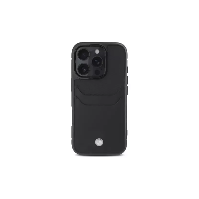 BMW funda rígida de piel Signature con compartimento para tarjetas para Apple iPhone 16 Pro Max 6,9 inch negra