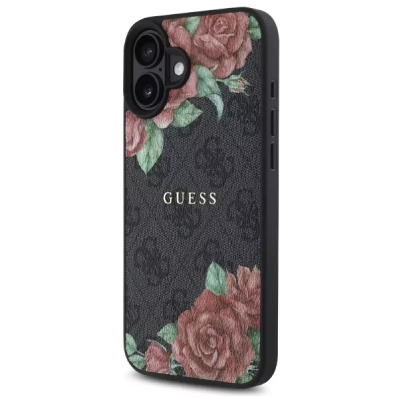 Guess GUHMP16SP4ROPEMCK funda rígida para Apple iPhone 16 6,1 inch negra 4G Flowers Print MagSafe