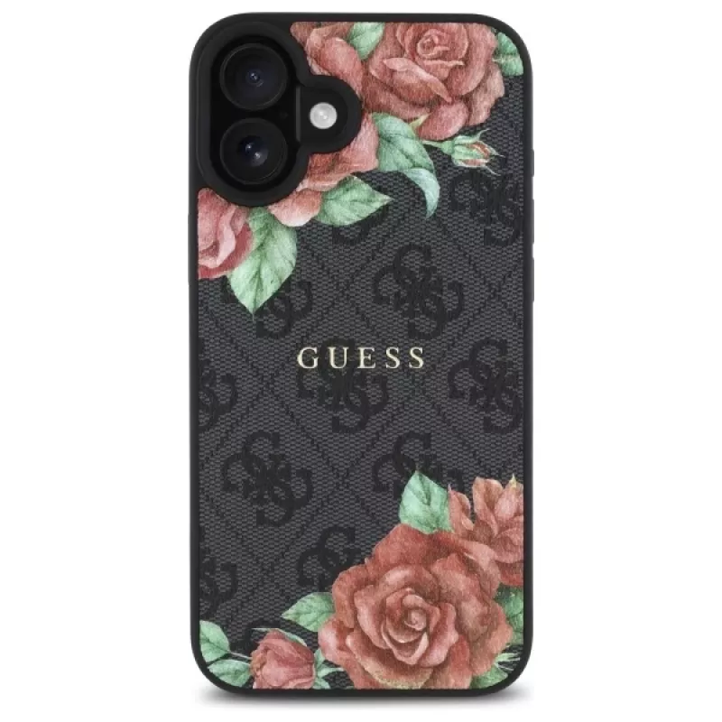 Guess GUHMP16SP4ROPEMCK funda rígida para Apple iPhone 16 6,1 inch negra 4G Flowers Print MagSafe