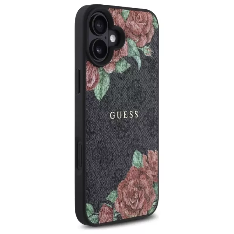Guess GUHMP16SP4ROPEMCK funda rígida para Apple iPhone 16 6,1 inch negra 4G Flowers Print MagSafe
