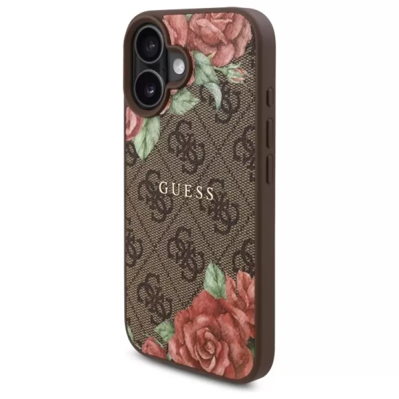 Guess GUHMP16SP4ROPEMCW Funda rígida para Apple iPhone 16 6,1 inch marrón 4G Flowers Print MagSafe