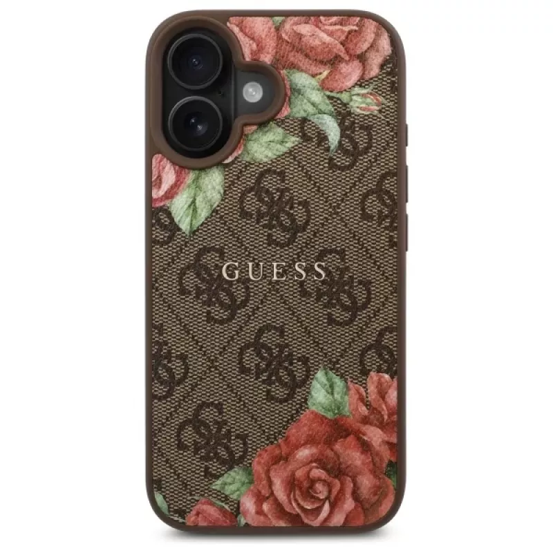 Guess GUHMP16SP4ROPEMCW Funda rígida para Apple iPhone 16 6,1 inch marrón 4G Flowers Print MagSafe