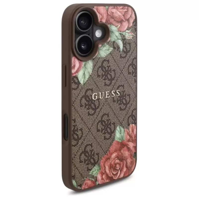 Guess GUHMP16SP4ROPEMCW Funda rígida para Apple iPhone 16 6,1 inch marrón 4G Flowers Print MagSafe