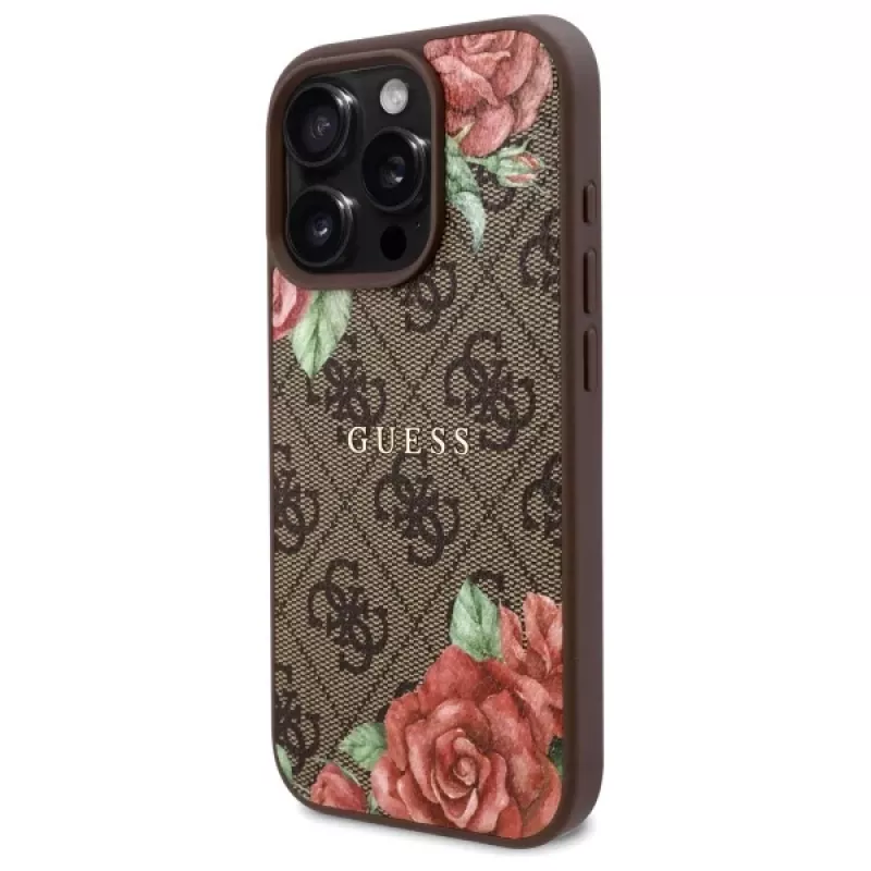 Guess GUHMP16LP4ROPEMCW Funda rígida para iPhone 16 Pro 4G Flowers Print MagSafe marrón