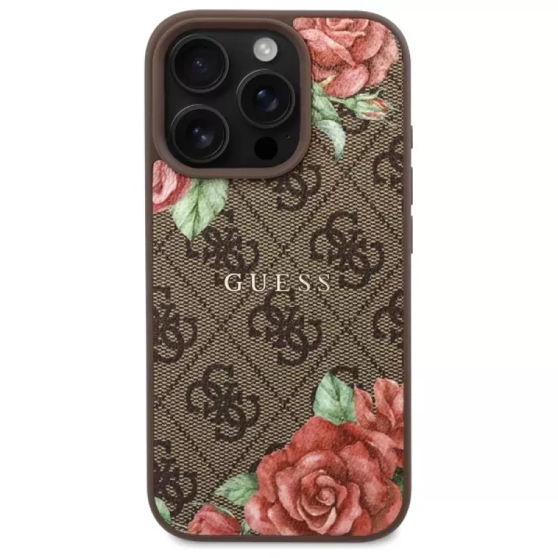 Guess GUHMP16LP4ROPEMCW Funda rígida para iPhone 16 Pro 4G Flowers Print MagSafe marrón