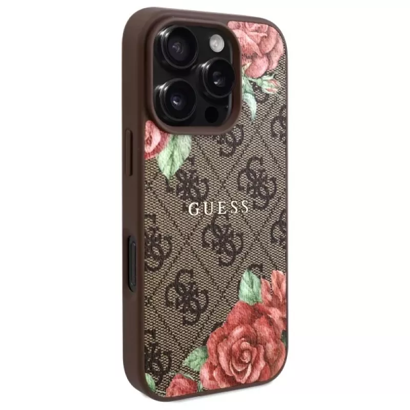 Guess GUHMP16LP4ROPEMCW Funda rígida para iPhone 16 Pro 4G Flowers Print MagSafe marrón