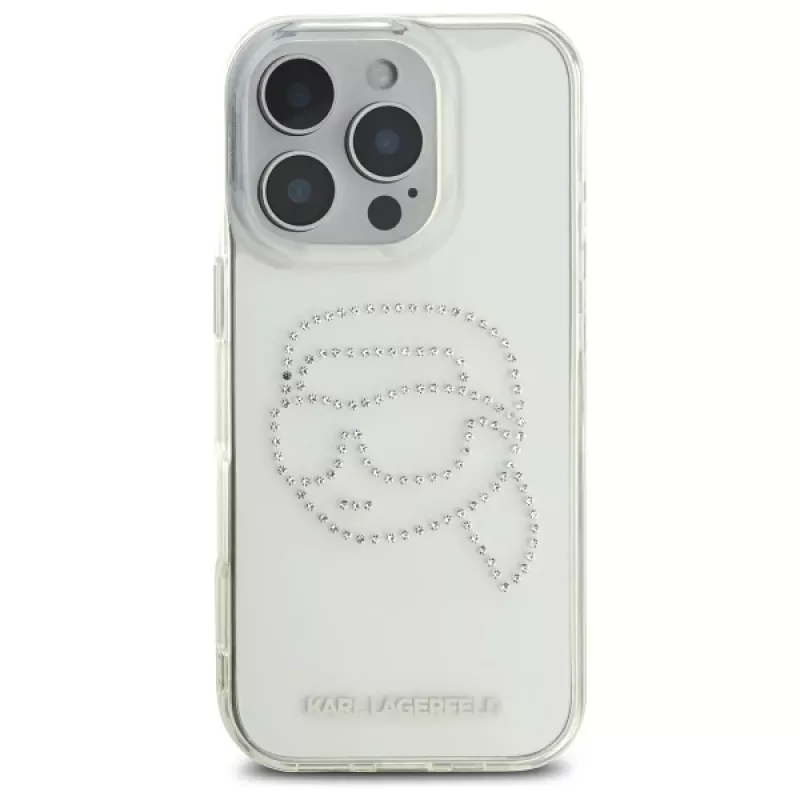 Karl Lagerfeld IML Rhinestones Karl Head Funda trasera para iPhone 16 Pro Max (transparente)