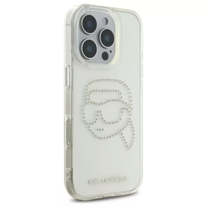 Karl Lagerfeld IML Rhinestones Karl Head Funda trasera para iPhone 16 Pro Max (transparente)