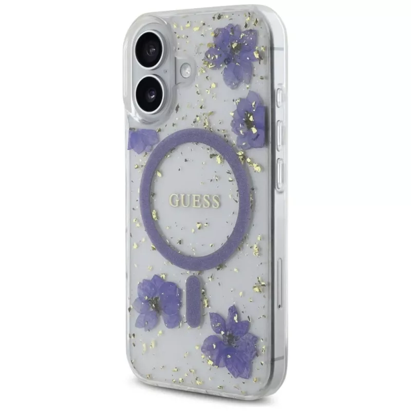 Guess Resin Flowers Glitter Funda MagSafe para iPhone 16 lila