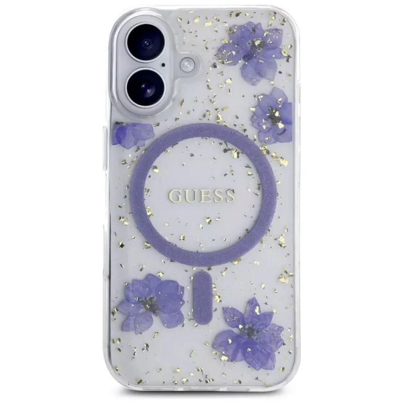 Guess Resin Flowers Glitter Funda MagSafe para iPhone 16 lila