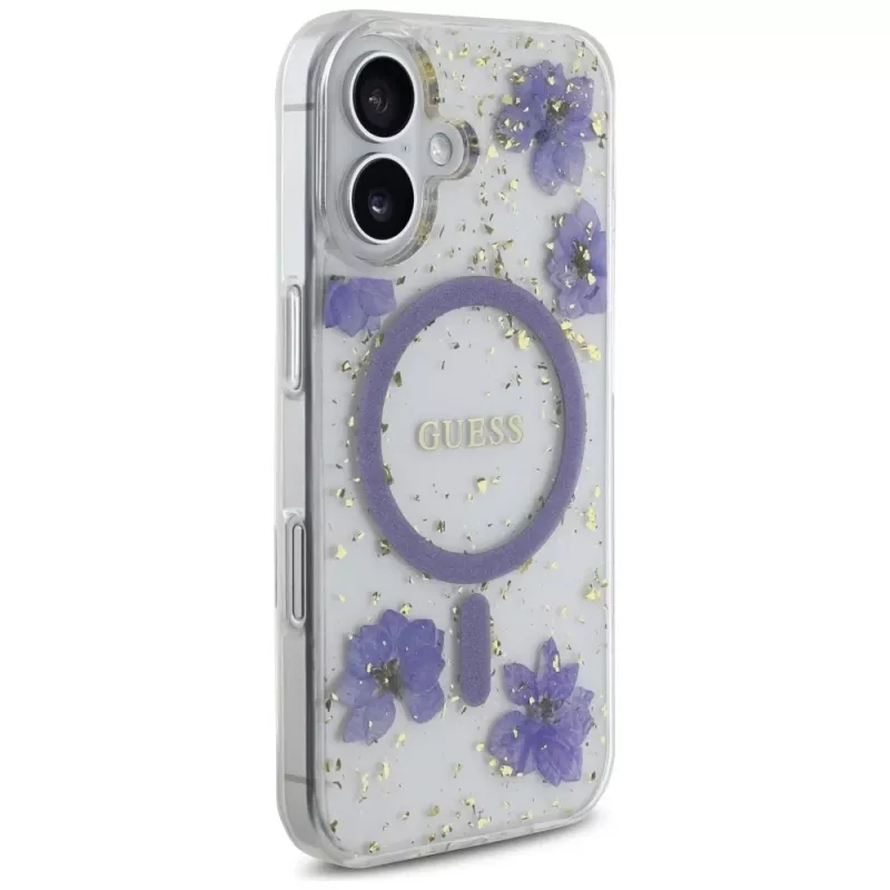 Guess Resin Flowers Glitter Funda MagSafe para iPhone 16 lila