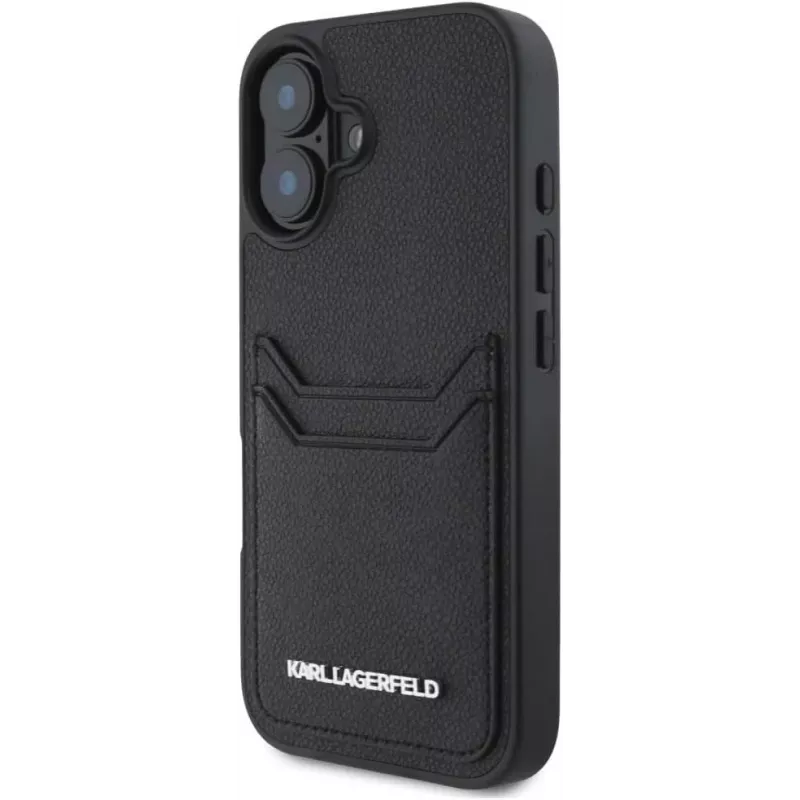 Karl Lagerfeld HC Grained PU Card Slot Metal Elongated Funda para iPhone 16, negro