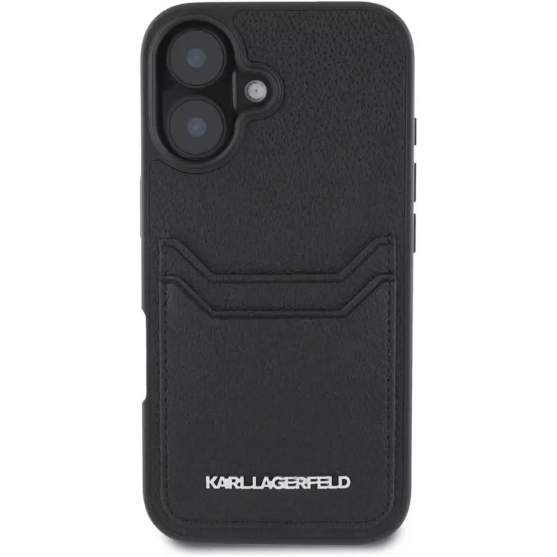 Karl Lagerfeld HC Grained PU Card Slot Metal Elongated Funda para iPhone 16, negro