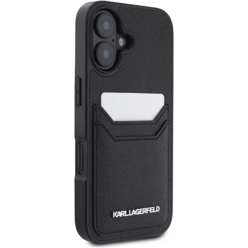 Karl Lagerfeld HC Grained PU Card Slot Metal Elongated Funda para iPhone 16, negro
