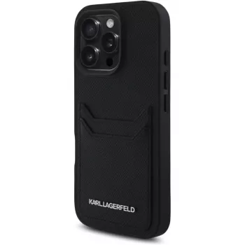 KARL LAGERFELD HC Grained PU Card Slot Metal Elongated Funda para iPhone 16 Pro negra
