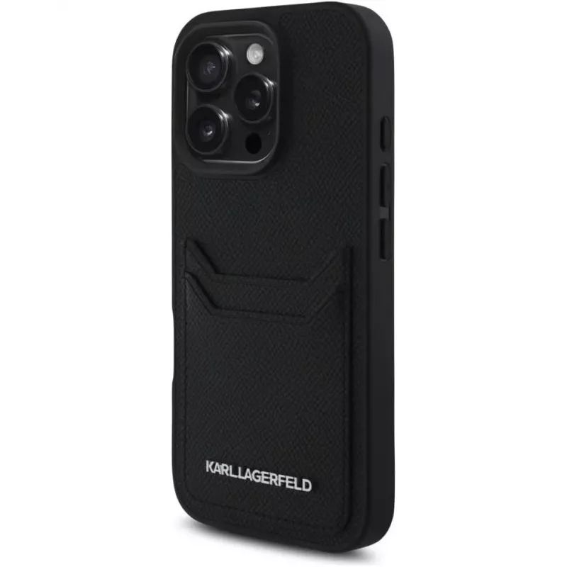KARL LAGERFELD HC Grained PU Card Slot Metal Elongated Funda para iPhone 16 Pro negra