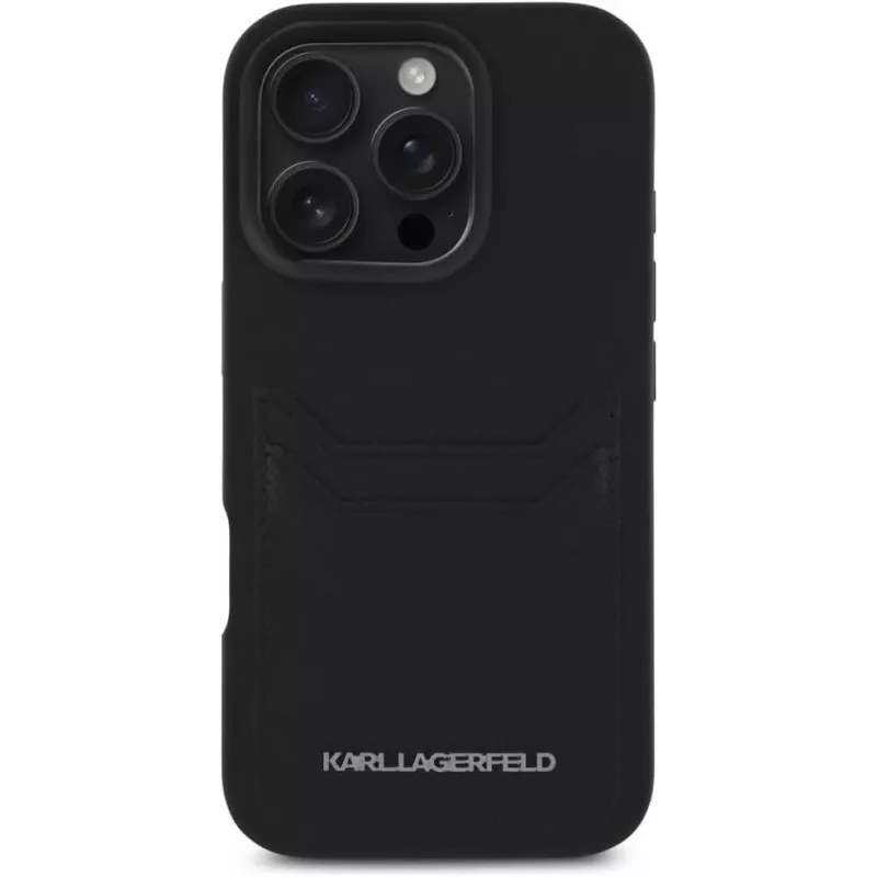 KARL LAGERFELD HC Grained PU Card Slot Metal Elongated Funda para iPhone 16 Pro negra