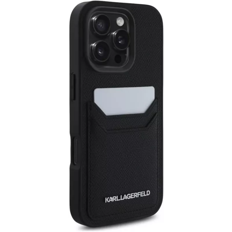 KARL LAGERFELD HC Grained PU Card Slot Metal Elongated Funda para iPhone 16 Pro negra