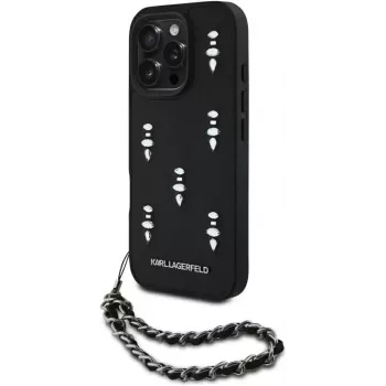 Karl Lagerfeld Saffiano Crystals with Chain funda trasera para iPhone 16 Pro, negro