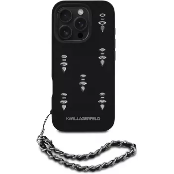 Karl Lagerfeld Saffiano Crystals with Chain funda trasera para iPhone 16 Pro, negro