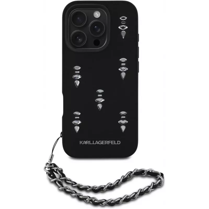 Karl Lagerfeld Saffiano Crystals with Chain funda trasera para iPhone 16 Pro, negro