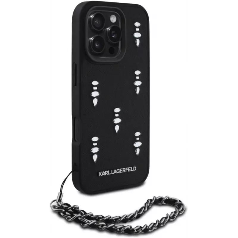 Karl Lagerfeld Saffiano Crystals with Chain funda trasera para iPhone 16 Pro, negro